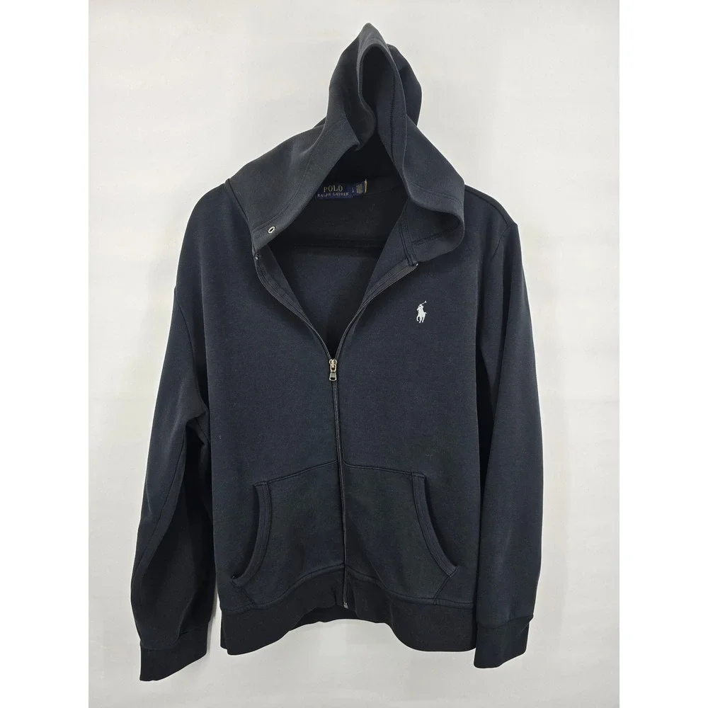 Polo Ralph Lauren Mens Black Full Zip Double Knit Hoodie jacket Large White Pony